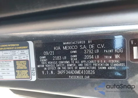 2021 Kia Forte Gt Line z USA, uszkodzony, nr VIN 3KPF34AD6ME410826